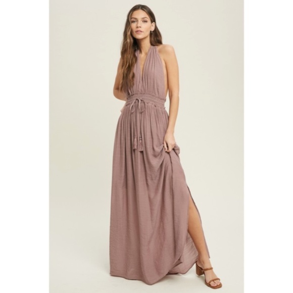 SOLD OUT Dark Mauve Solid Halter Smocked Waist Maxi Casual Boho Dress w/ Side - Picture 6 of 6